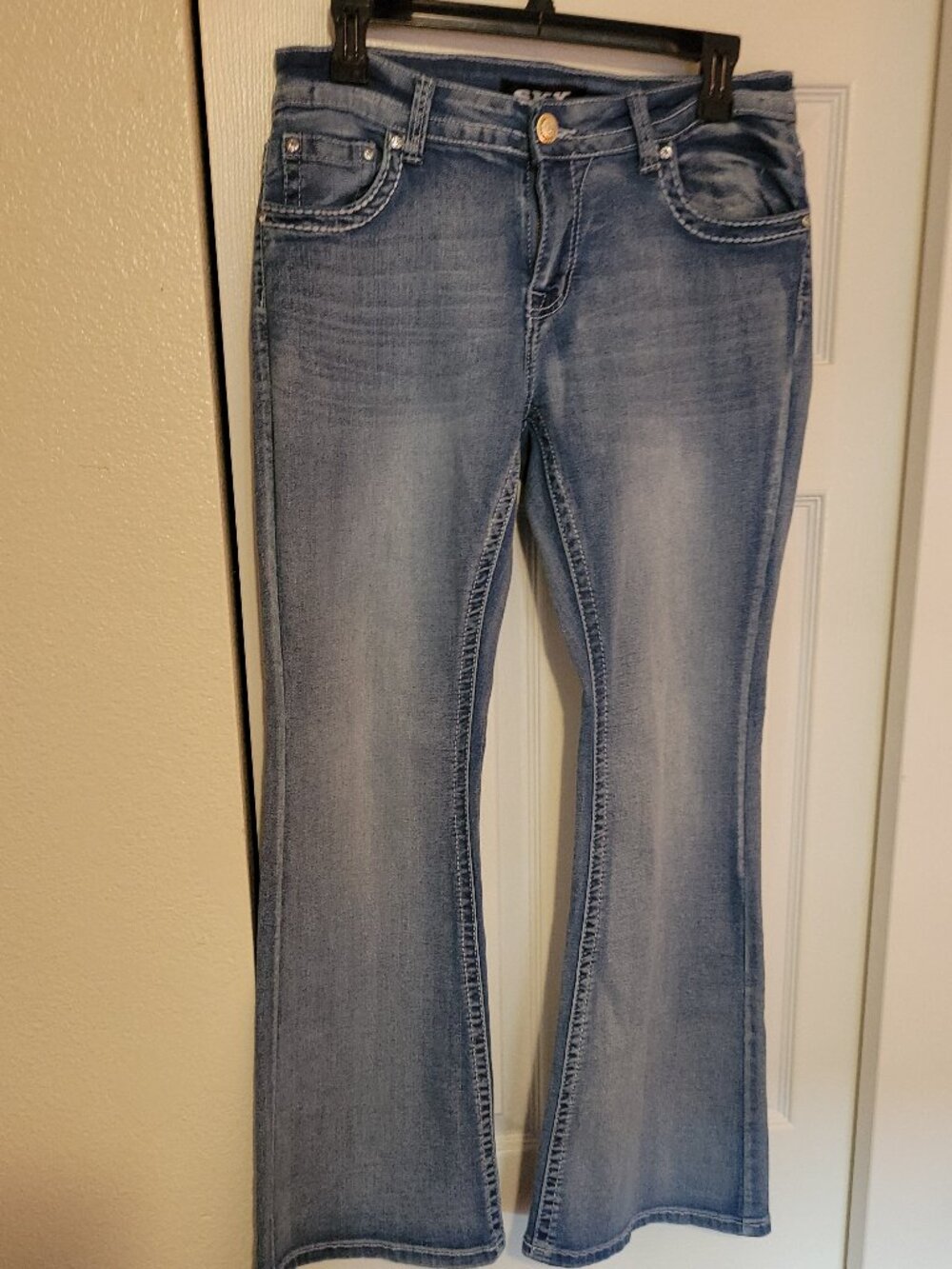 SKY Embroidered Skull Patch Flare Jeans (Juniors)